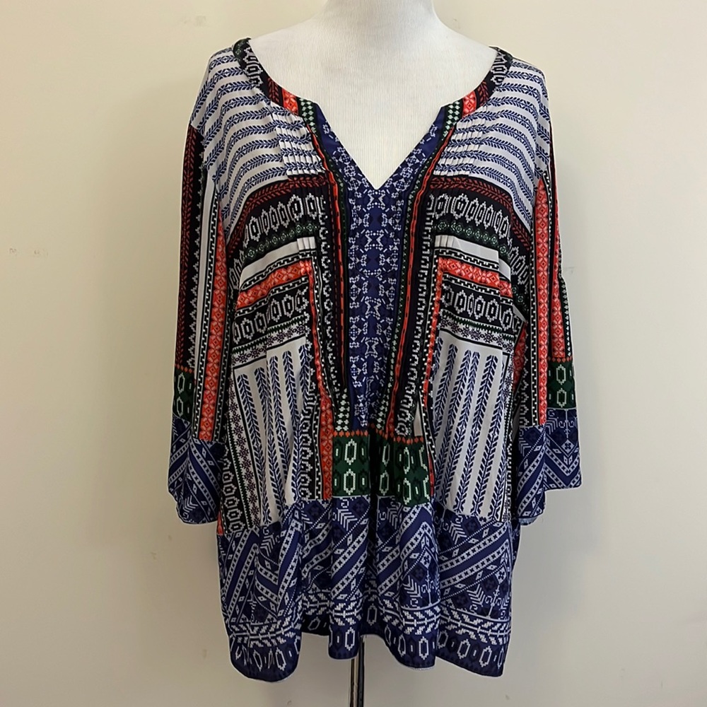 Hemant & Nandita Notch Neck Multi Pattern Boho Top Size 2X